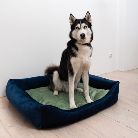 „Otto” lit orthopédique bleu marine avec matelas „Ori”