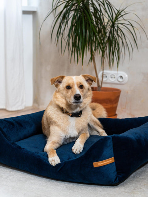 „Otto” lit orthopédique bleu marine avec matelas „Ori”